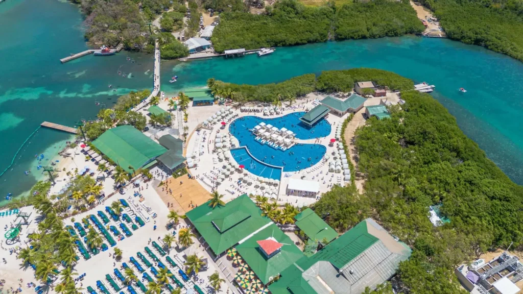 Aerial view of the Isla Tropicale cruise port and pool complex in Roatan
