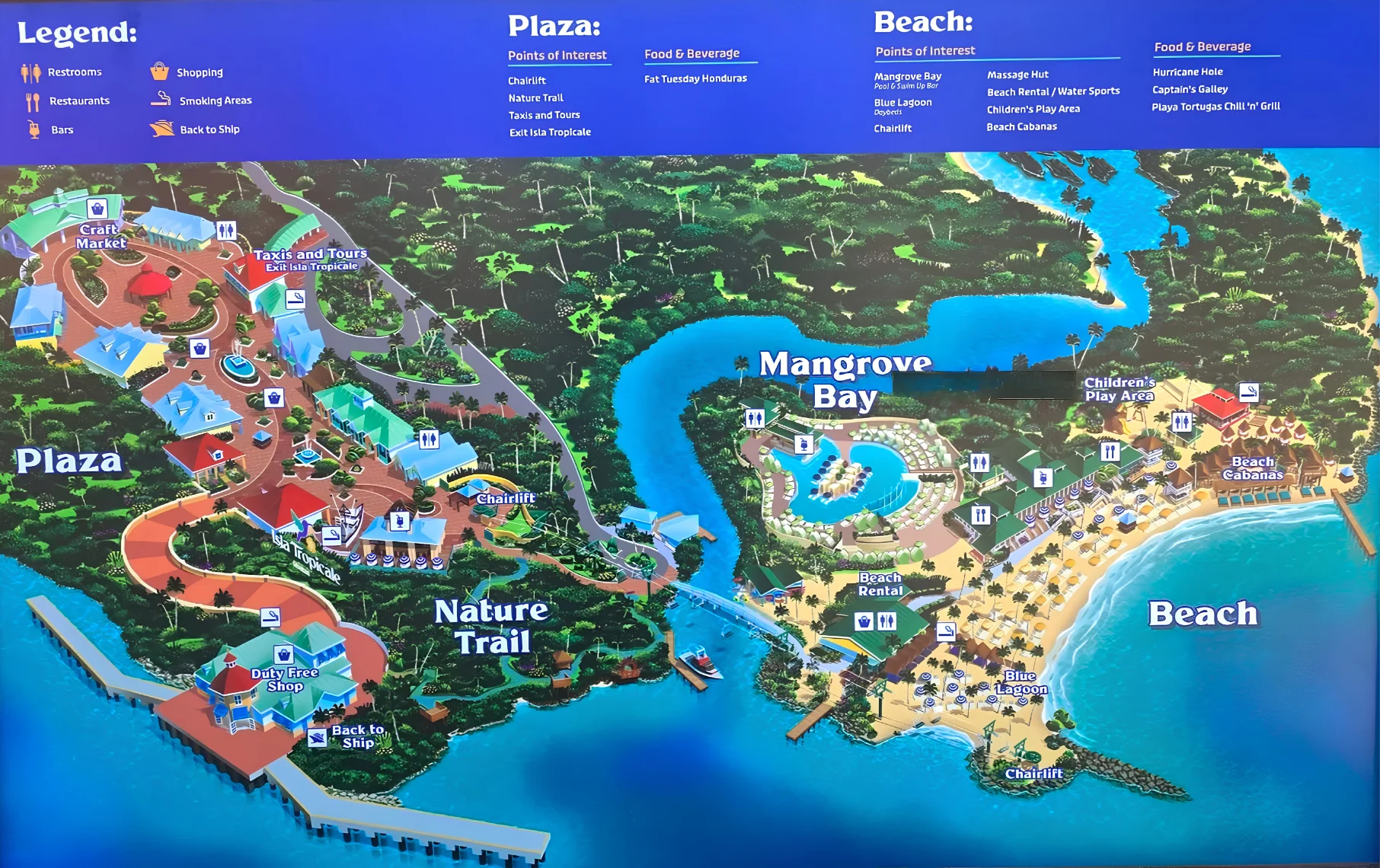 Isla Tropicale cruise port map of Roatan showing the Plaza, Nature Trail and Beach