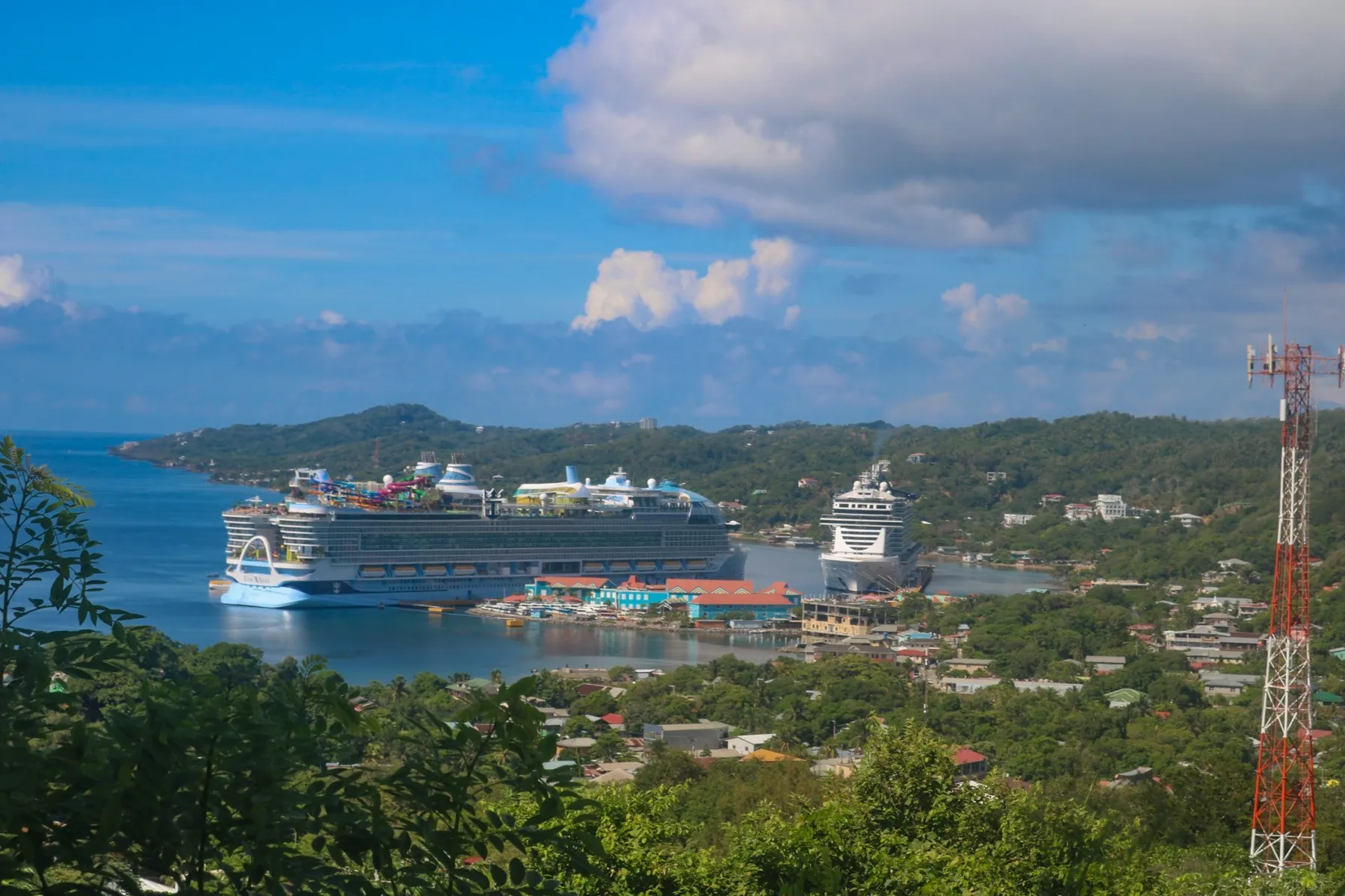 Aerial view of Port of Roatan with cruise ships docked in Coxen Hole