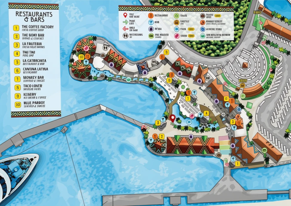 Illustrated Port of Roatan Town Center map in Coxen Hole showing restaurants, bars and shops
