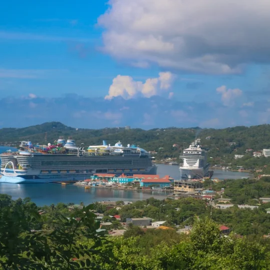 Aerial view of Port of Roatan with cruise ships docked in Coxen Hole