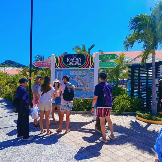 Cruise guests at the Port of Roatan welcome plaza in Coxen Hole